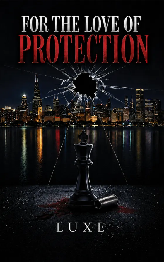 For The Love of Protection by Luxe — a bullet hole shattering the Chicago skyline above the water, a chess king standing in the spray of it.