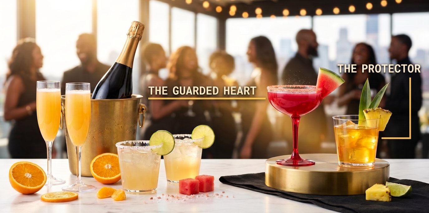 The two signature cocktails on a brass riser — the red Crimson Hour coupe with a watermelon wedge and the amber Protector cup with a pineapple leaf — beside the unlimited mimosas and house margaritas, each drink labeled.