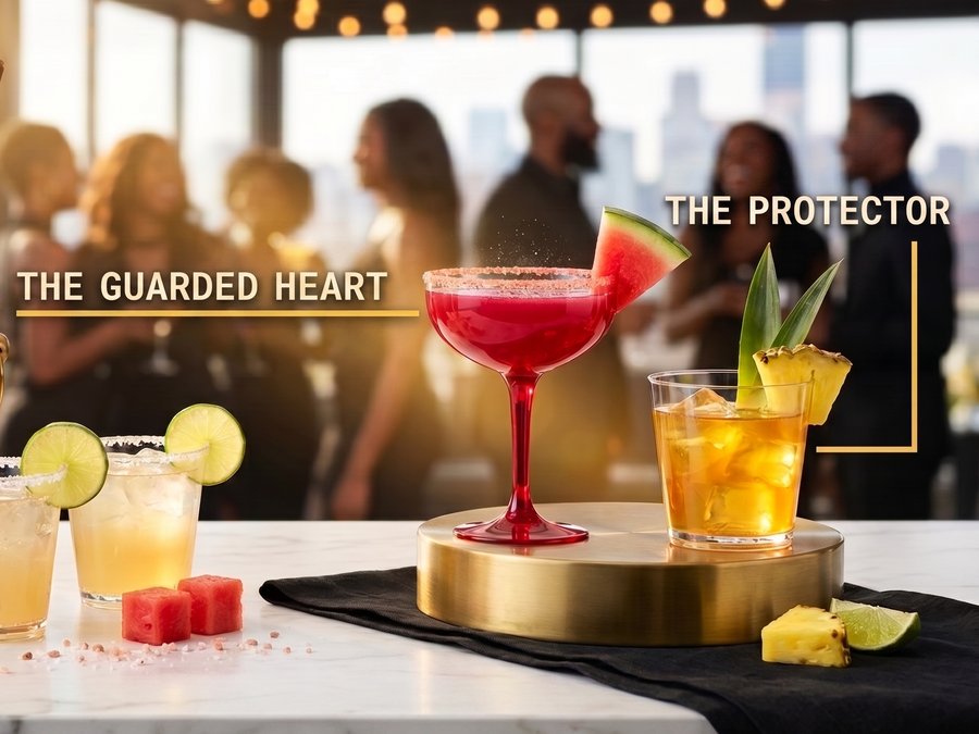 Close crop of the two signature cocktails on the brass plinth — the red Crimson Hour coupe with a watermelon wedge and the amber Protector cup with a pineapple leaf.
