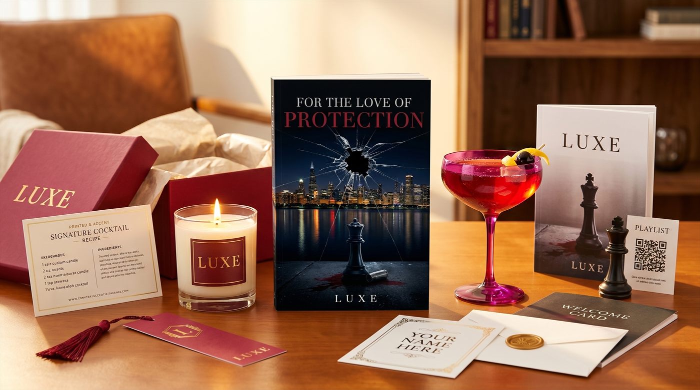 The Protection Kit laid out — signed hardcover, candle, cocktail recipe card, bookmark, chess king, welcome card and keepsake box.